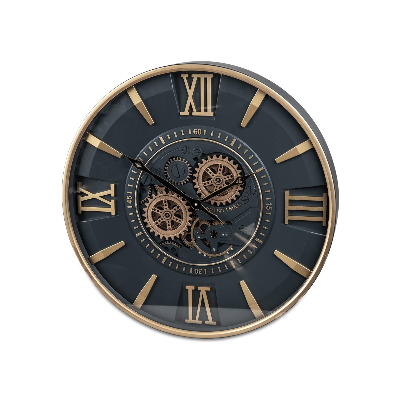 Moderne Schwarz-Gold Wanduhr 58 cm x 8 cm aus Metall mit Sichtbaren Zahnrädern und Goldenen Ziffern