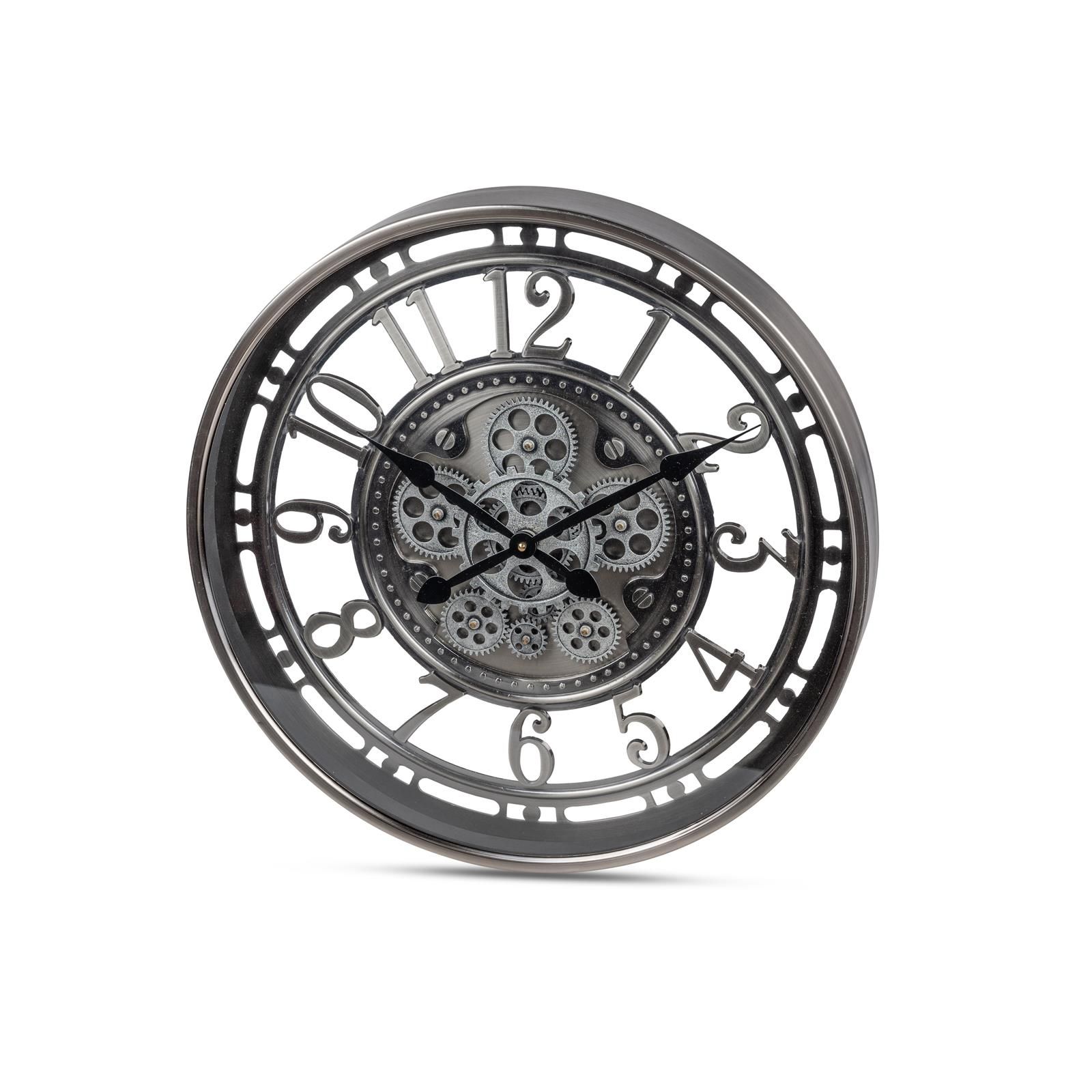 Wanduhr 54 cm x 8,5 cm aus antik silbernen Metall mit drehenden Zahnrädern