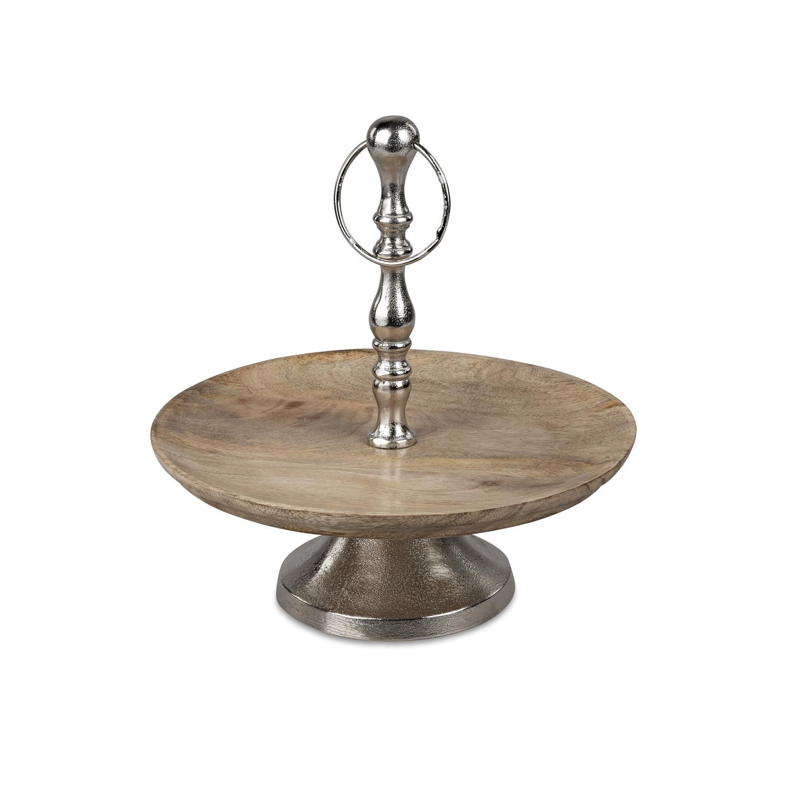 Teller auf Fuß (H: 30 cm, D: 30 cm) aus Mango-Holz und silbernem Aluminium