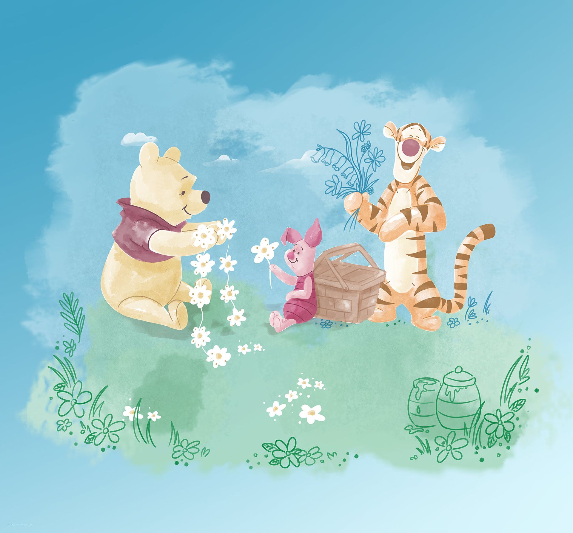 Vlies Fototapete - Winnie the Pooh Picnic - Größe 300 x 280 cm