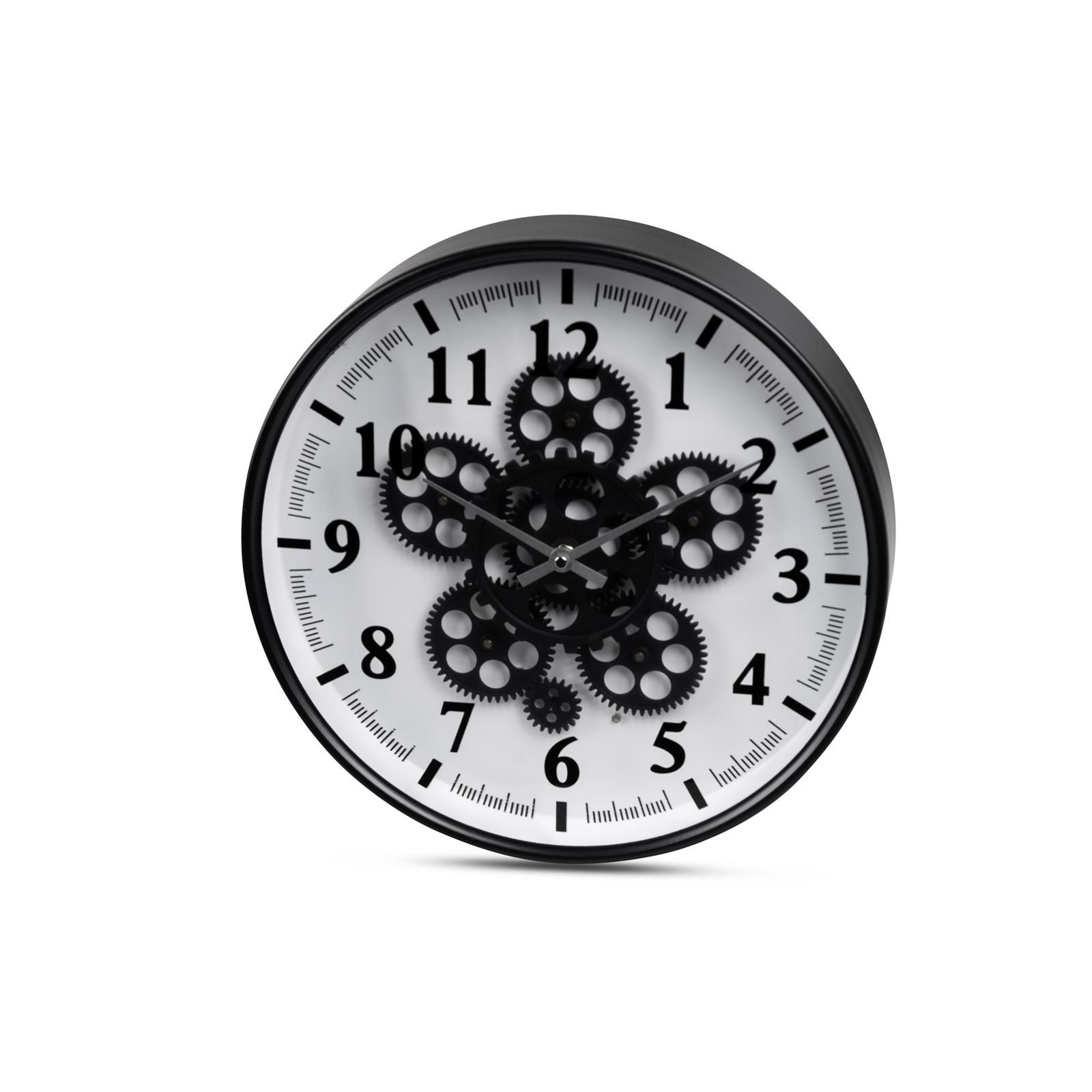 Wanduhr Schwarz-Weiß 36 cm x 6,5 cm aus mattem Metall und sichtbar drehenden Zahnrädern