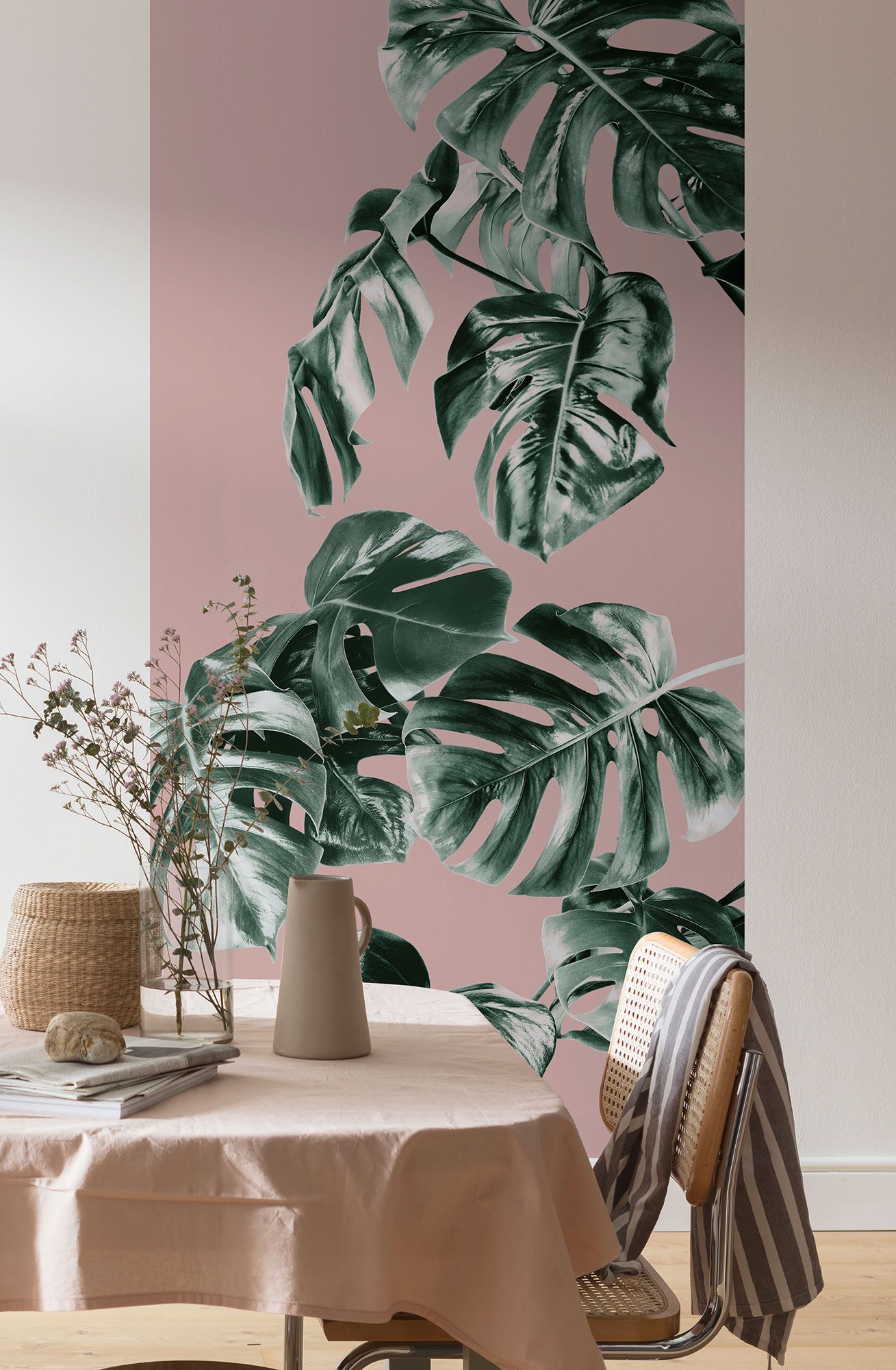 Vlies Fototapete - Monstera Rosé Panel - Größe 100 x 250 cm