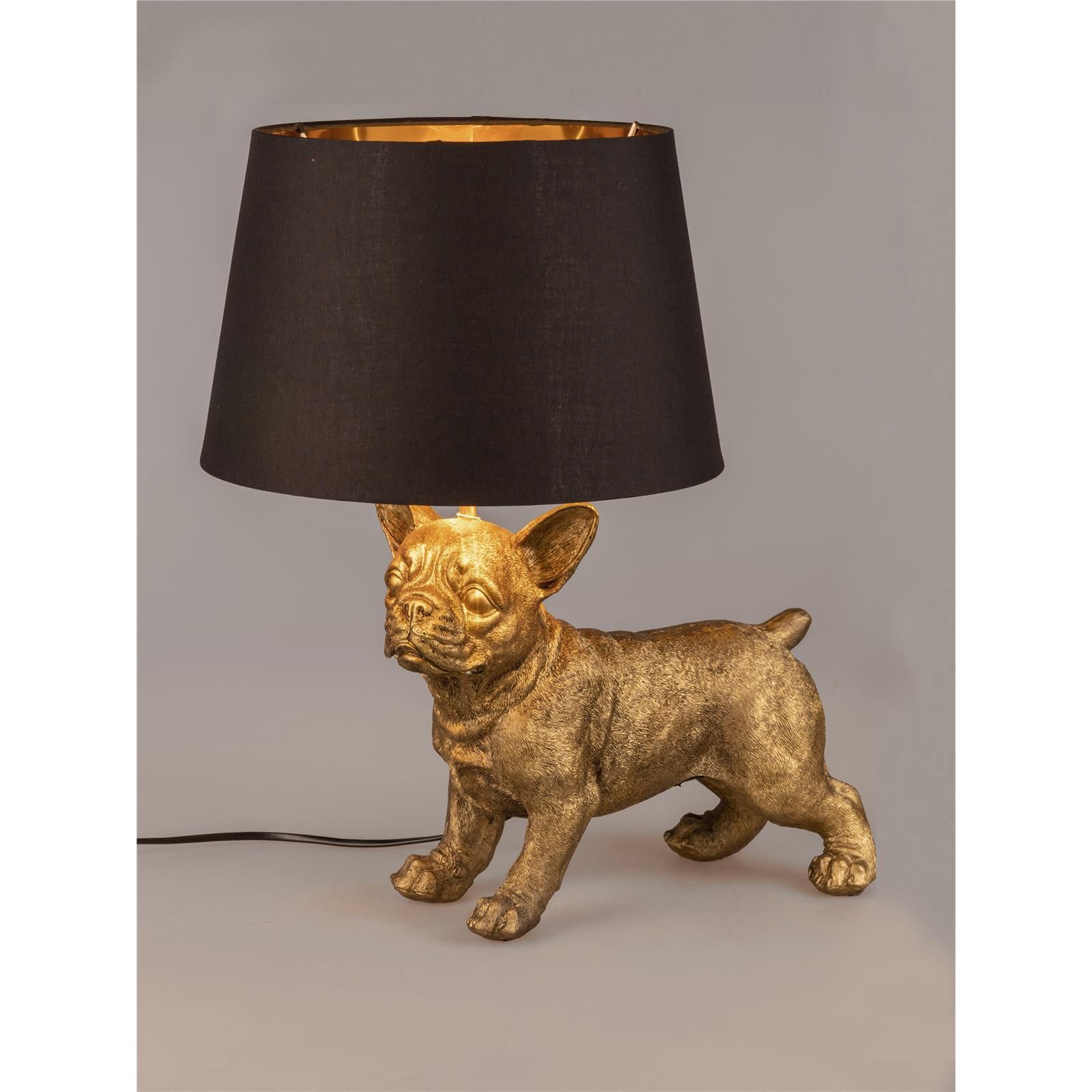 Stehende Hundelampe Gold 47cm x 32 cm aus Kunststein mit stilvollem Schwarzem Stoffschirm
