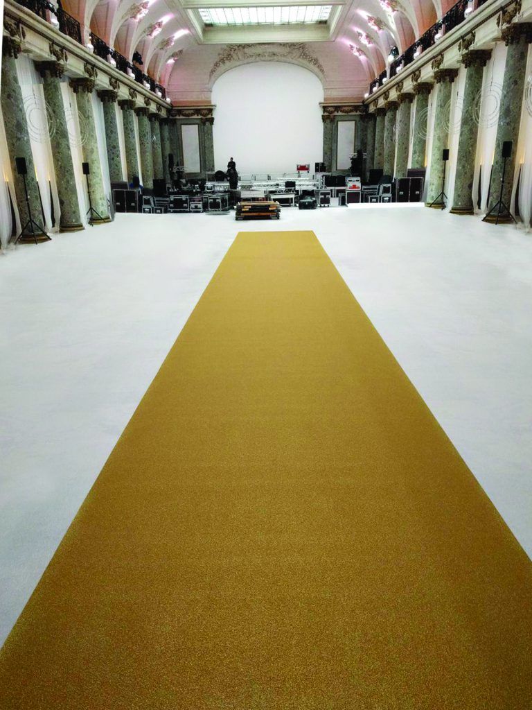 Messeboden Flacher-Nadelvlies-mit-Pailetten EXPOGLITTER Gold 5033 ohne Schutzfolie - Rollenbreite 200 cm