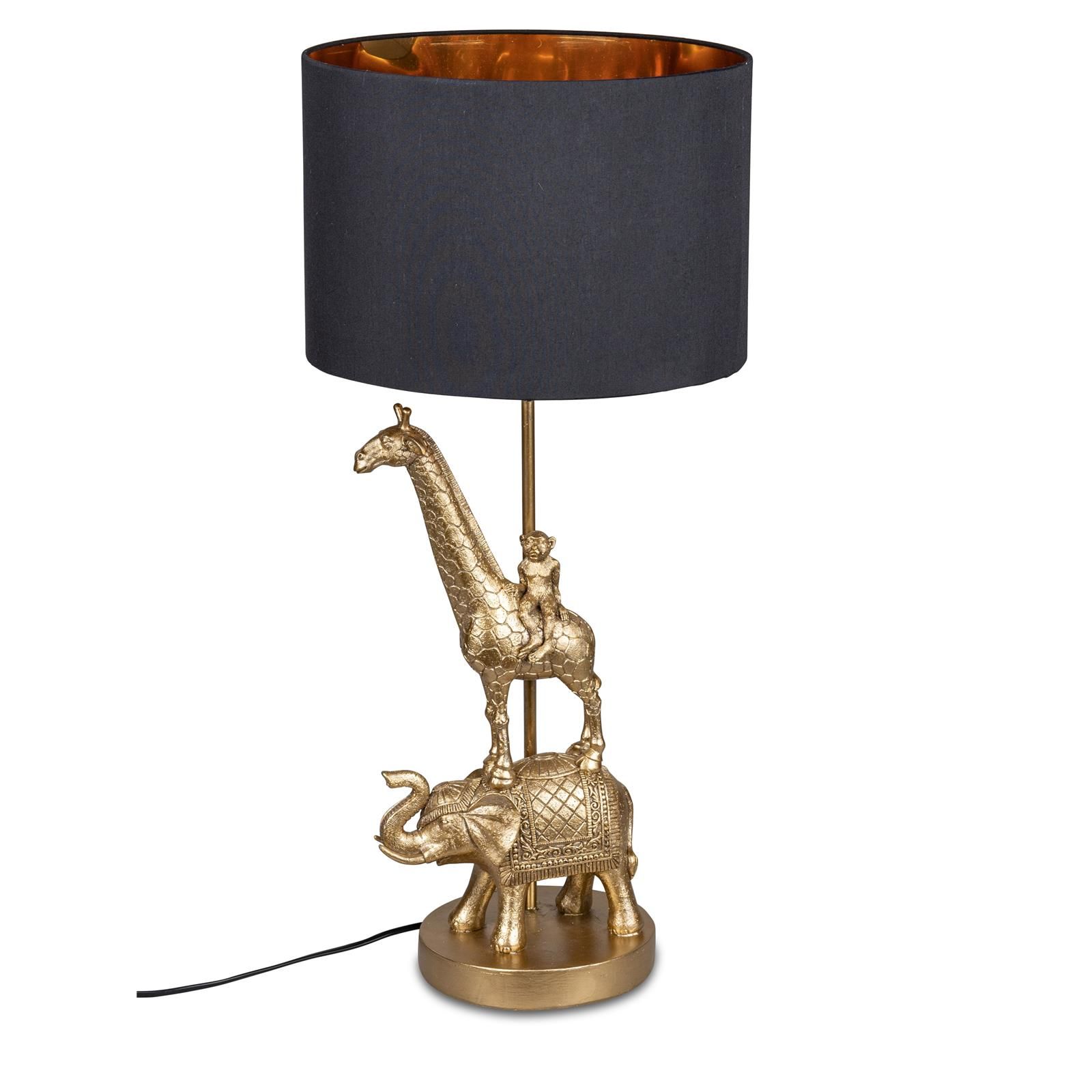 Lebendige Eleganz: Tiere-Lampe 66 cm in Antik-Gold, handgefertigte Deko-Lampe aus Kunststein mit schwarz-goldenem Stoffschirm